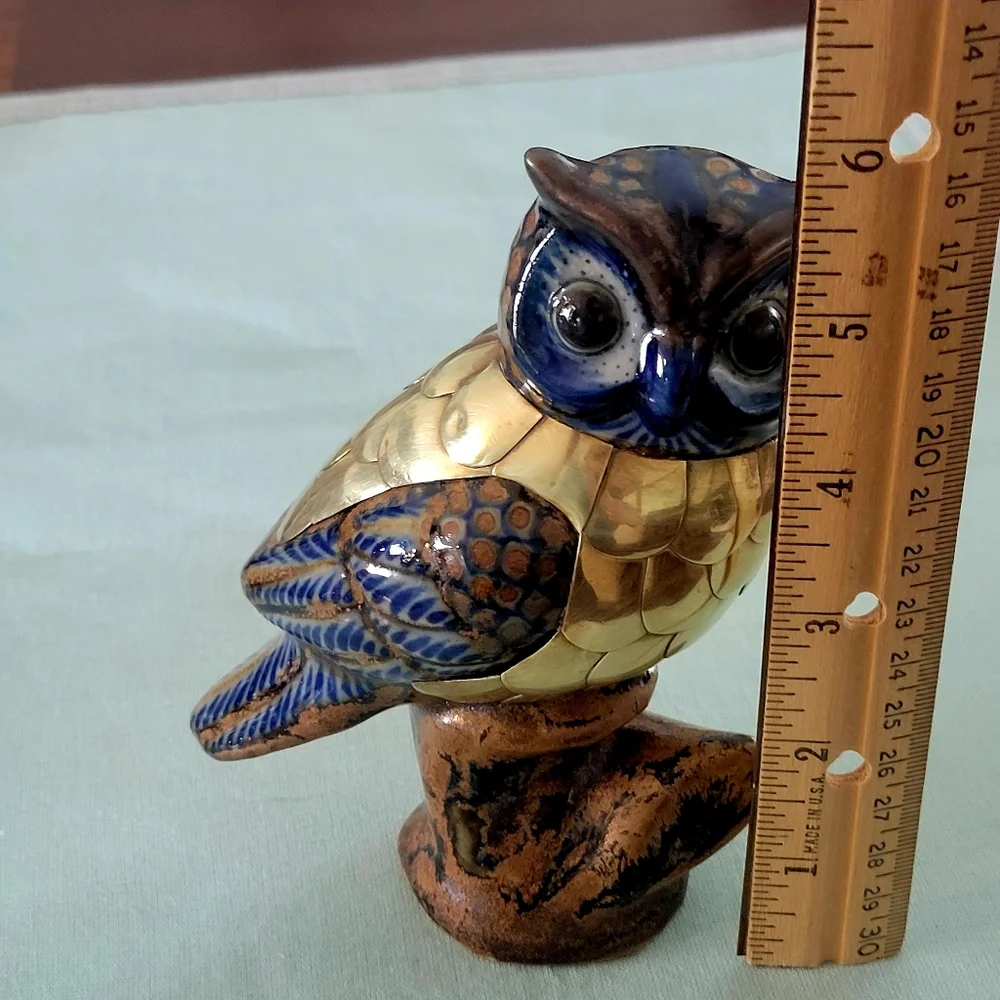 Vintage,Brass, and Ceramic Figurine Blue and Gold Owl Figurine